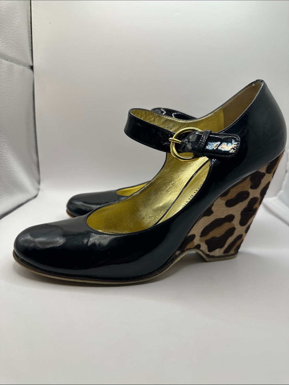Giuseppe Zanotti Black Patent Mary Jane Wedges with Leopard-Print Heel